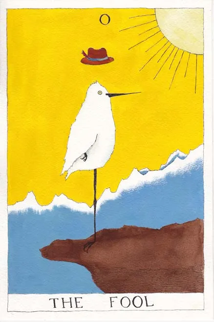 tarot card, the fool, with snowy egret