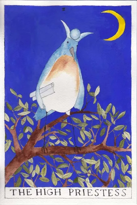 tarot card, the high priestess, with a blue bird